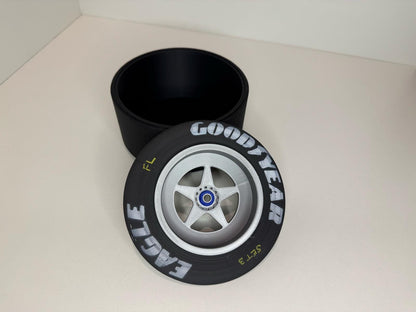 F1 Formula 1 Race wheel key bowl, storage for keys / curios and stationary. Center lock race wheel and tyre . Goodyear eagle race tyre